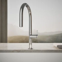 Pull-down kitchen sink faucet with two-function sprayhead^Kohler Hot