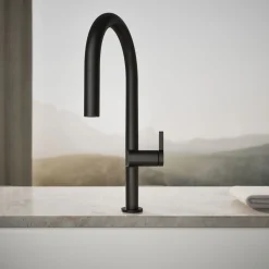 Pull-down kitchen sink faucet with two-function sprayhead^Kohler Hot