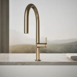 Pull-down kitchen sink faucet with two-function sprayhead^Kohler Hot