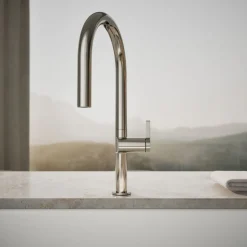 Pull-down kitchen sink faucet with two-function sprayhead^Kohler Hot