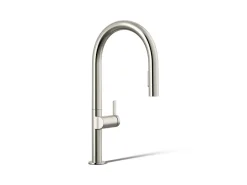 Pull-down kitchen sink faucet with two-function sprayhead^Kohler Hot
