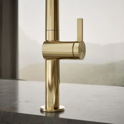 Pull-down kitchen sink faucet with two-function sprayhead^Kohler Hot