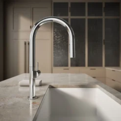Pull-down kitchen sink faucet with two-function sprayhead^Kohler Hot