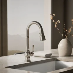 Pull-down kitchen sink faucet with three-function sprayhead^Kohler