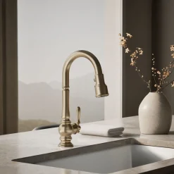 Pull-down kitchen sink faucet with three-function sprayhead^Kohler