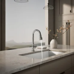 Pull-down kitchen sink faucet with three-function sprayhead^Kohler