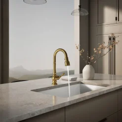 Pull-down kitchen sink faucet with three-function sprayhead^Kohler