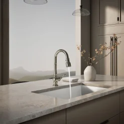 Pull-down kitchen sink faucet with three-function sprayhead^Kohler