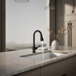 Pull-down kitchen sink faucet with three-function sprayhead^Kohler