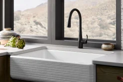 Pull-down kitchen sink faucet with three-function sprayhead^Kohler Clearance