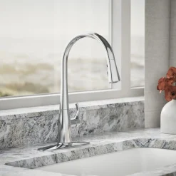 Pull-down kitchen sink faucet with three-function sprayhead^Kohler Clearance