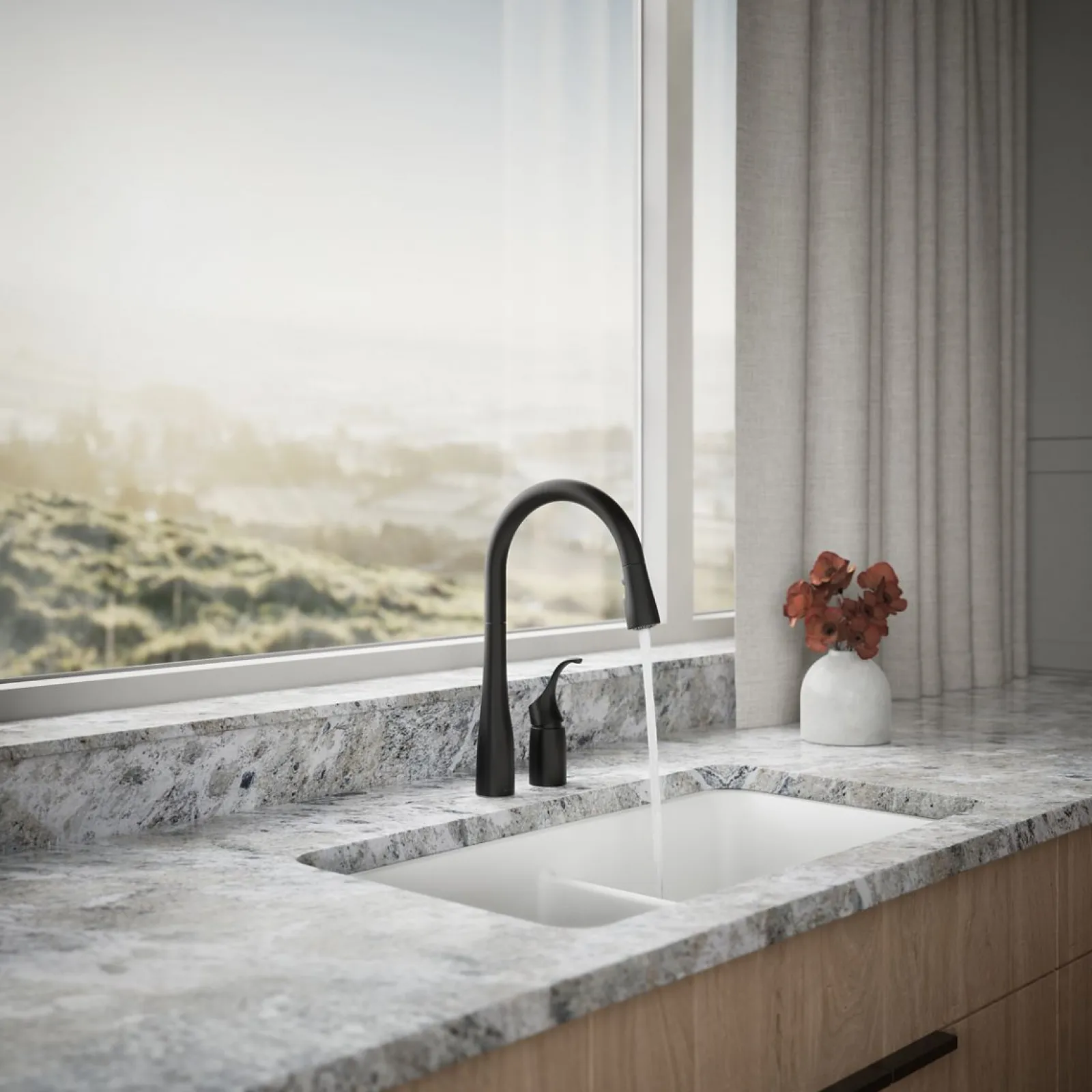 Pull-down kitchen sink faucet with three-function sprayhead^Kohler New