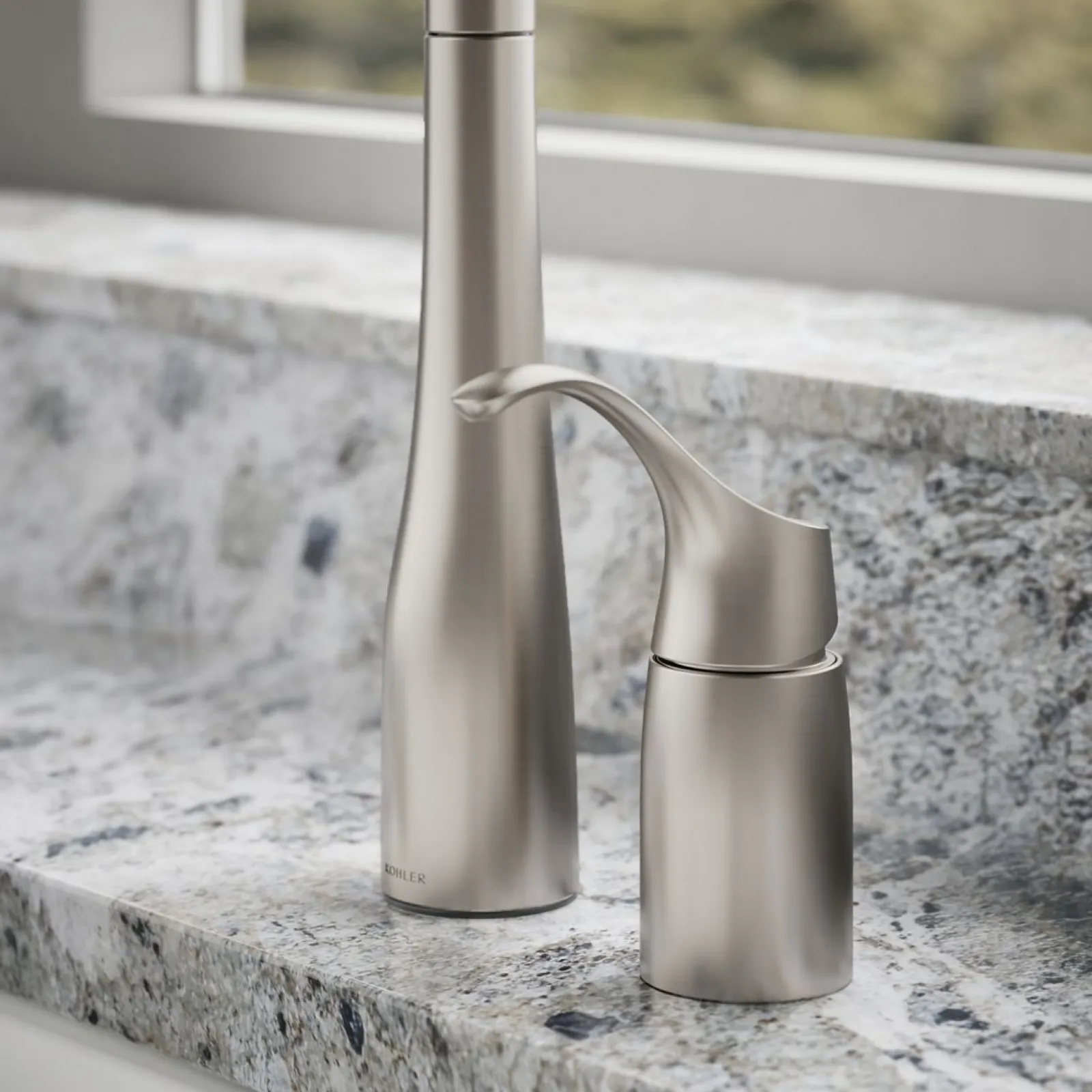 Pull-down kitchen sink faucet with three-function sprayhead^Kohler New