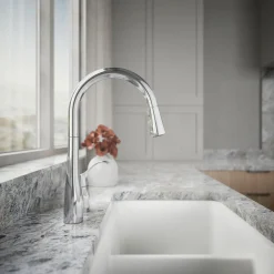 Pull-down kitchen sink faucet with three-function sprayhead^Kohler New