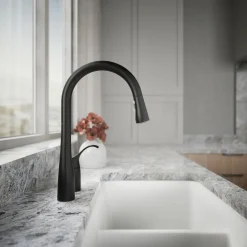 Pull-down kitchen sink faucet with three-function sprayhead^Kohler New
