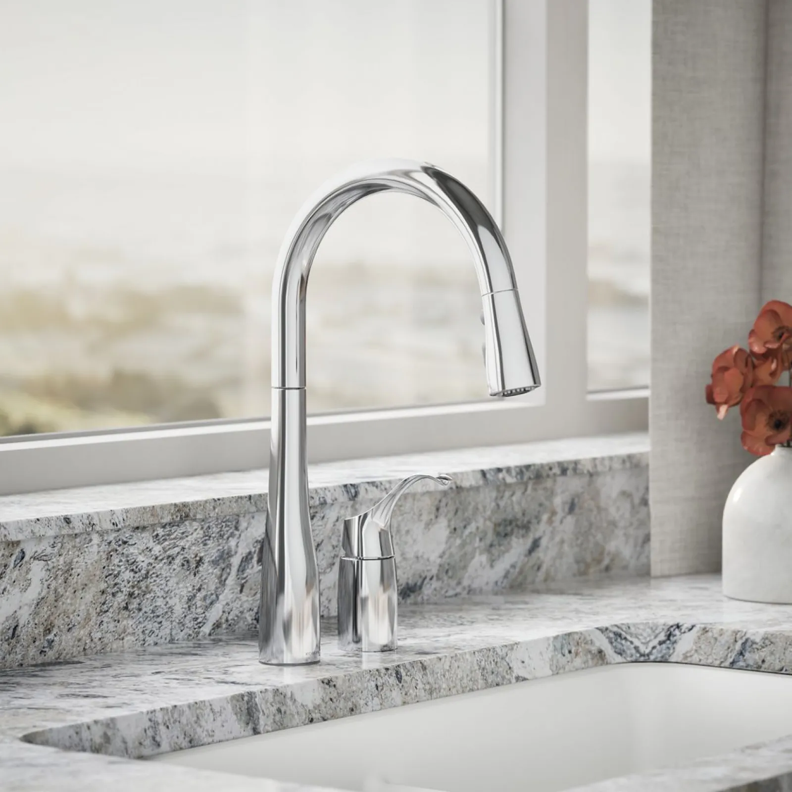 Pull-down kitchen sink faucet with three-function sprayhead^Kohler New