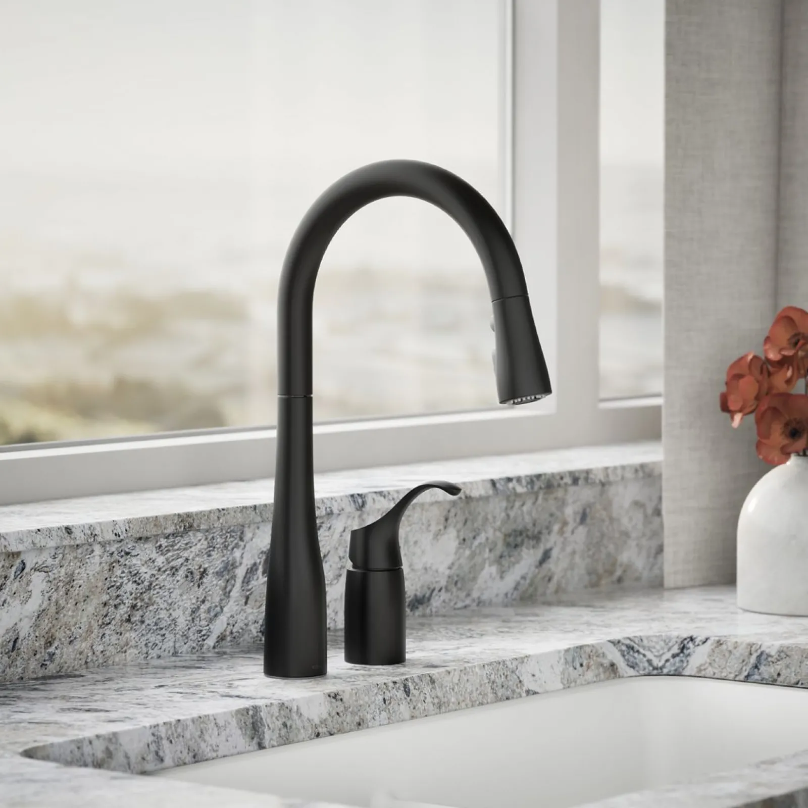 Pull-down kitchen sink faucet with three-function sprayhead^Kohler New