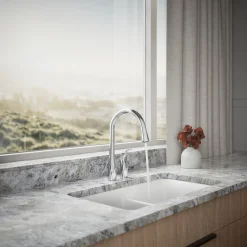 Pull-down kitchen sink faucet with three-function sprayhead^Kohler New