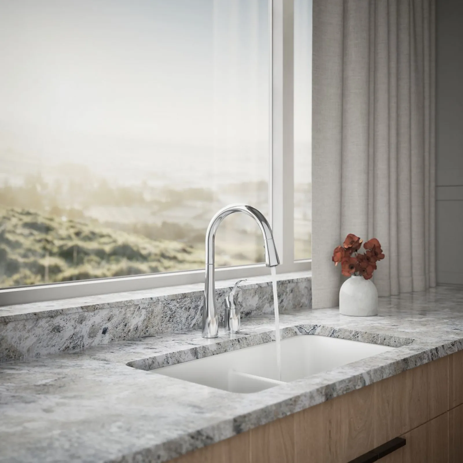 Pull-down kitchen sink faucet with three-function sprayhead^Kohler New