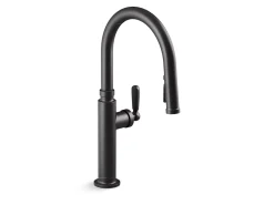 Pull-down kitchen sink faucet with three-function sprayhead^Kohler