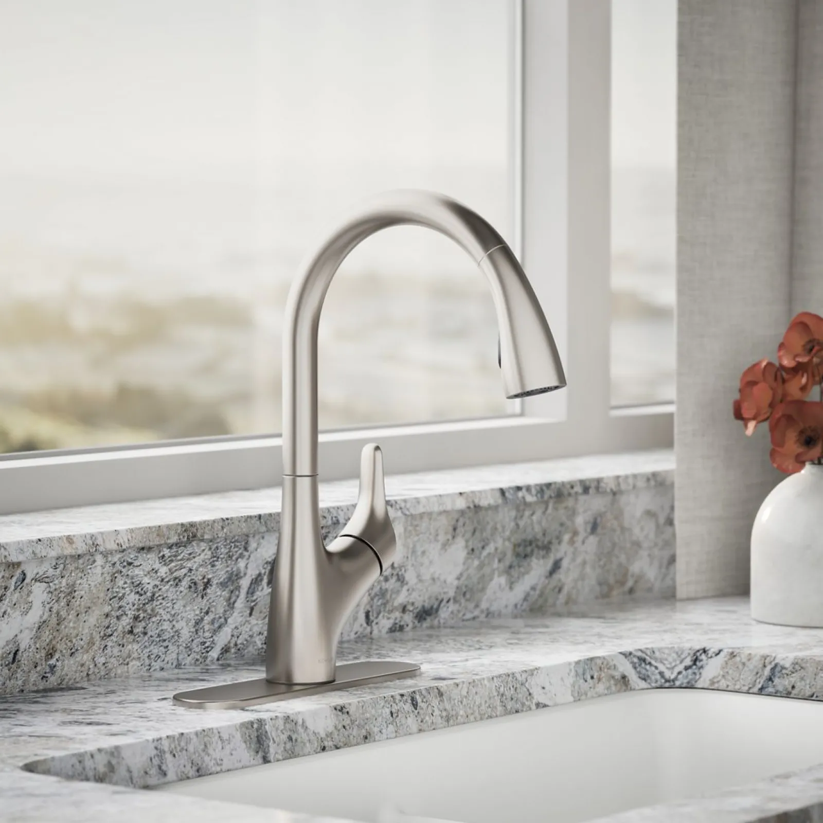 Pull-down kitchen sink faucet with two-function sprayhead^Kohler New