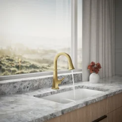Pull-down kitchen sink faucet with three-function sprayhead^Kohler Clearance