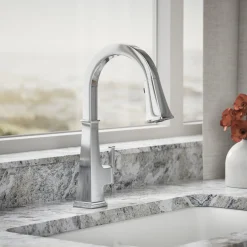 Pull-down kitchen sink faucet with three-function sprayhead^Kohler Clearance