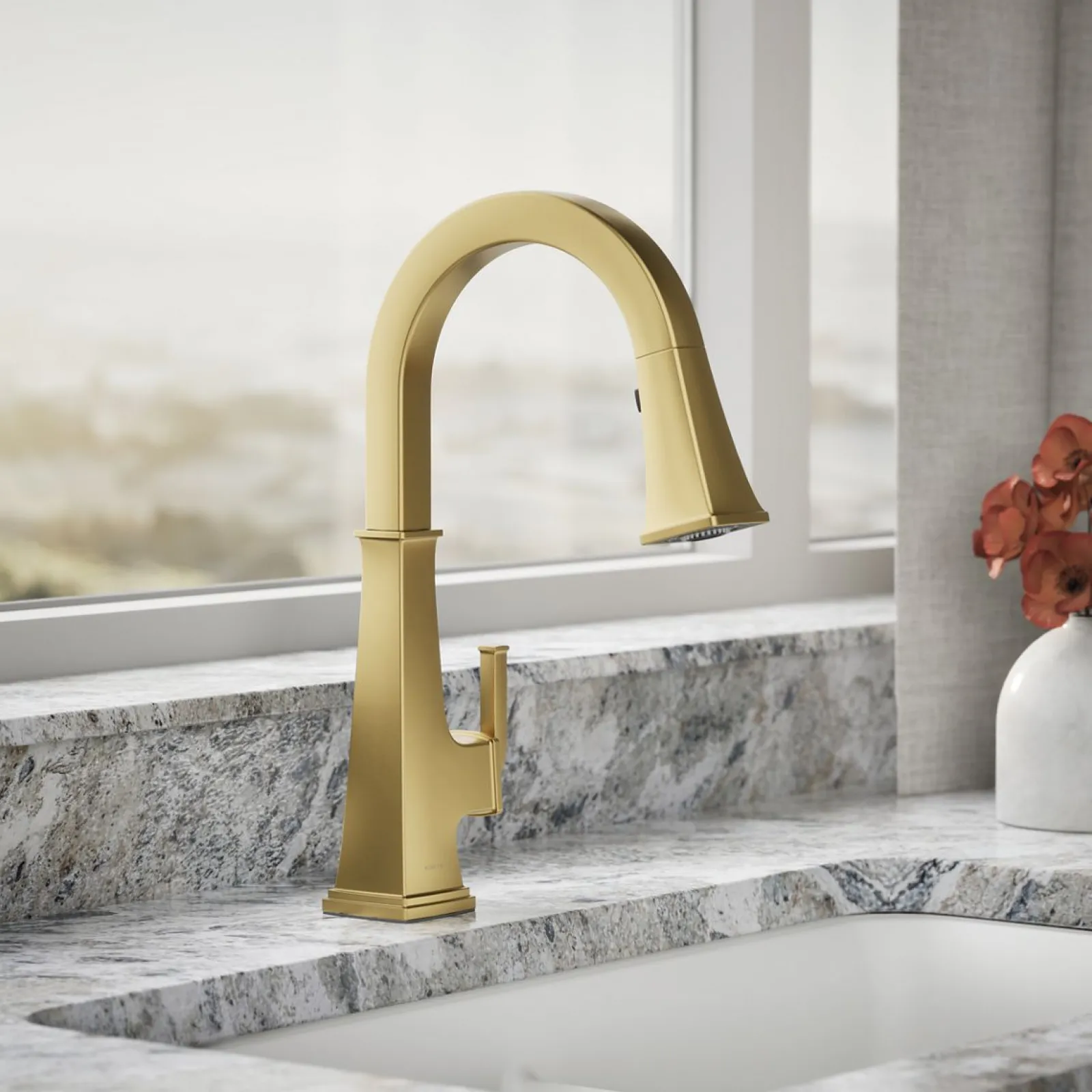 Pull-down kitchen sink faucet with three-function sprayhead^Kohler Clearance