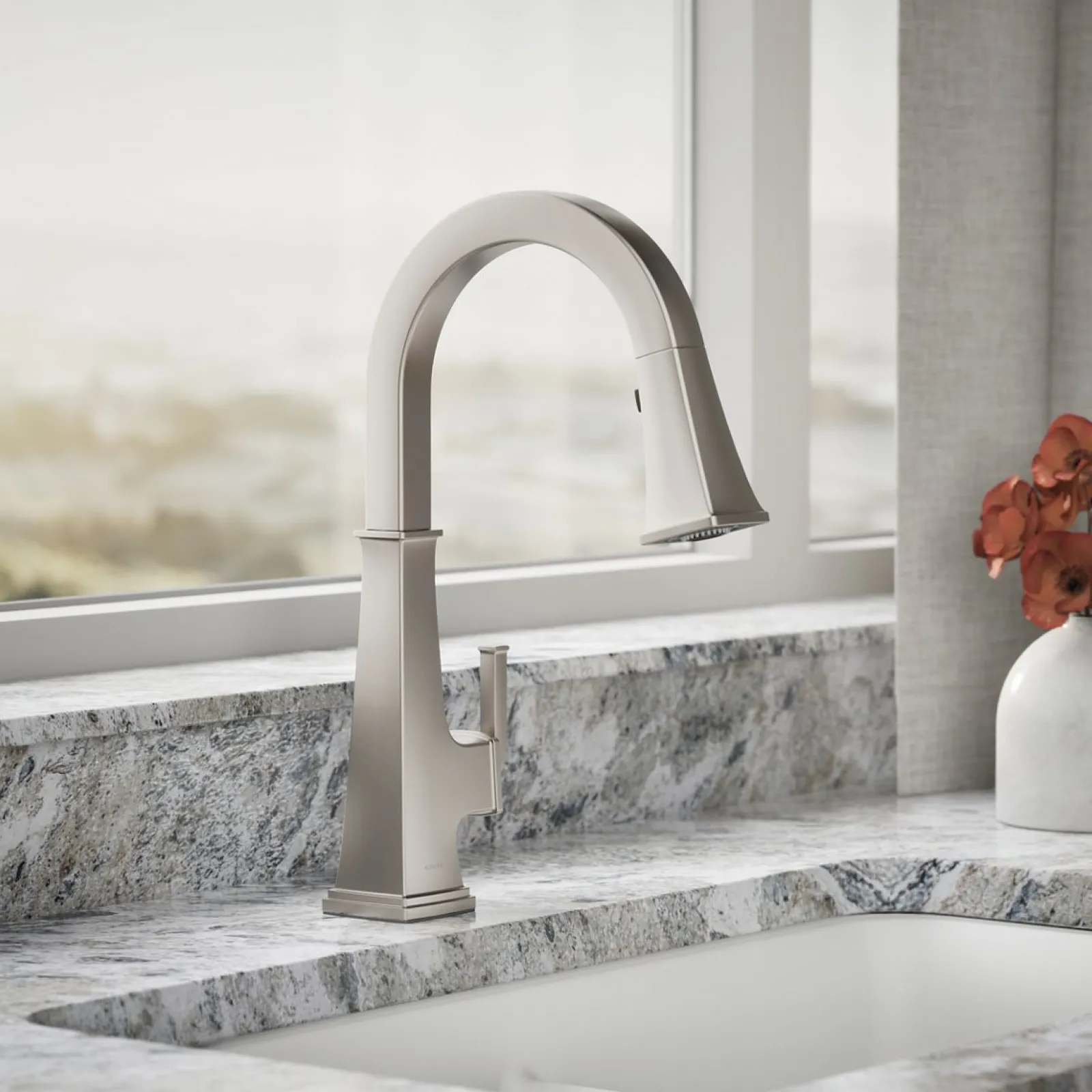 Pull-down kitchen sink faucet with three-function sprayhead^Kohler Clearance