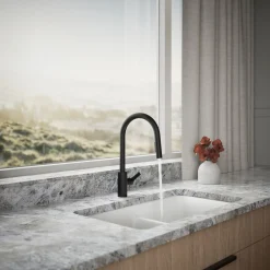 Pull-down kitchen sink faucet with two-function sprayhead^Kohler
