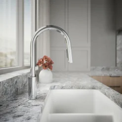Pull-down kitchen sink faucet with two-function sprayhead^Kohler