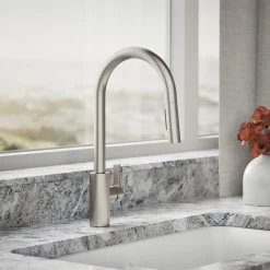 Pull-down kitchen sink faucet with two-function sprayhead^Kohler