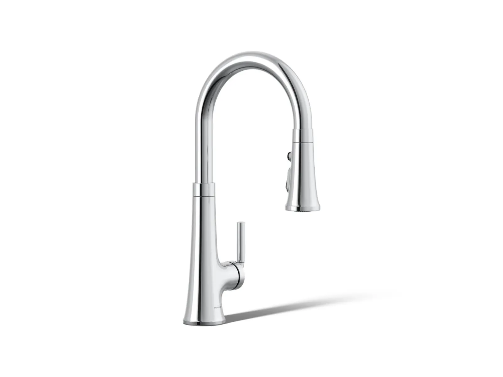 Pull-down kitchen sink faucet with three-function sprayhead^Kohler Hot