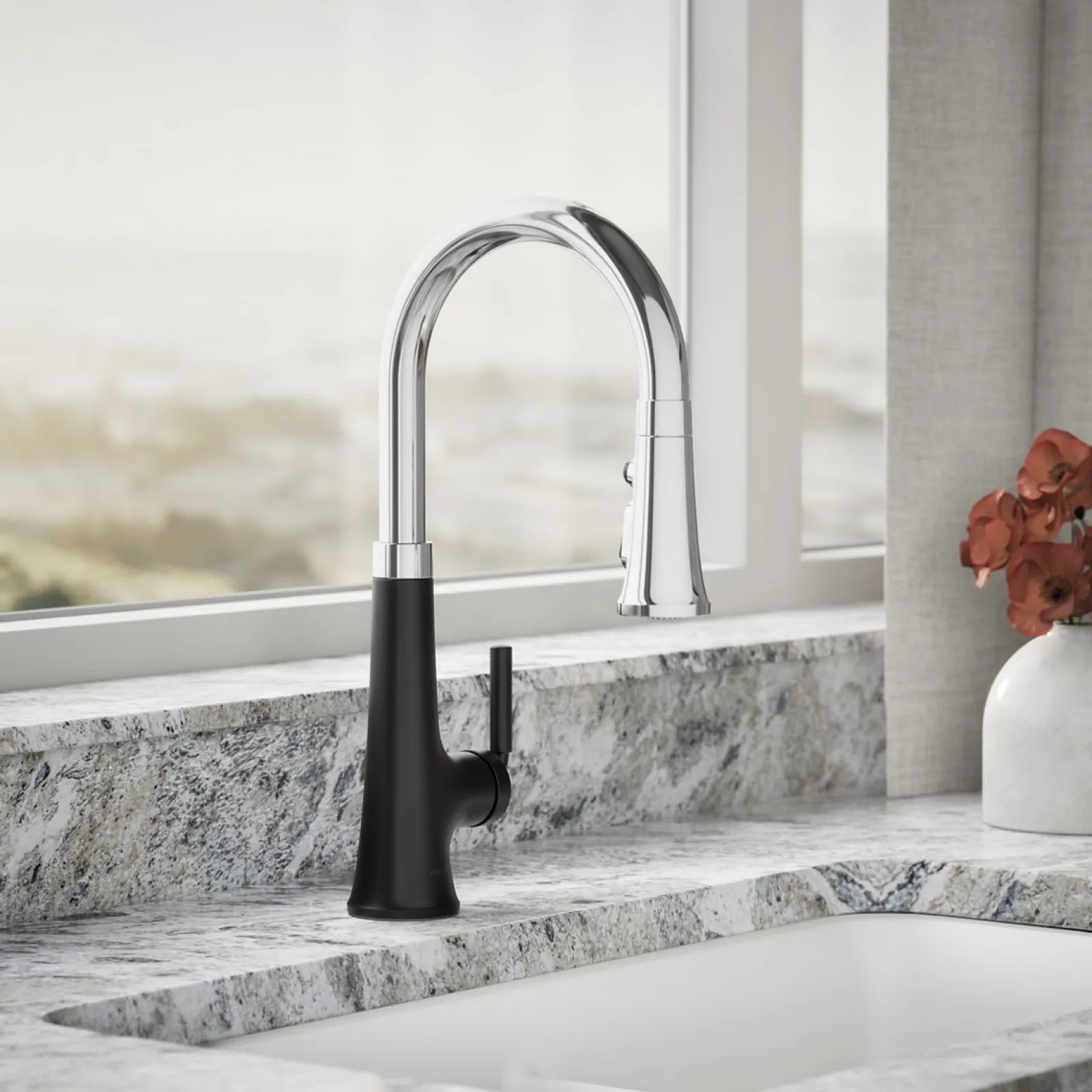 Pull-down kitchen sink faucet with three-function sprayhead^Kohler Hot