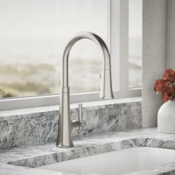 Pull-down kitchen sink faucet with three-function sprayhead^Kohler Hot