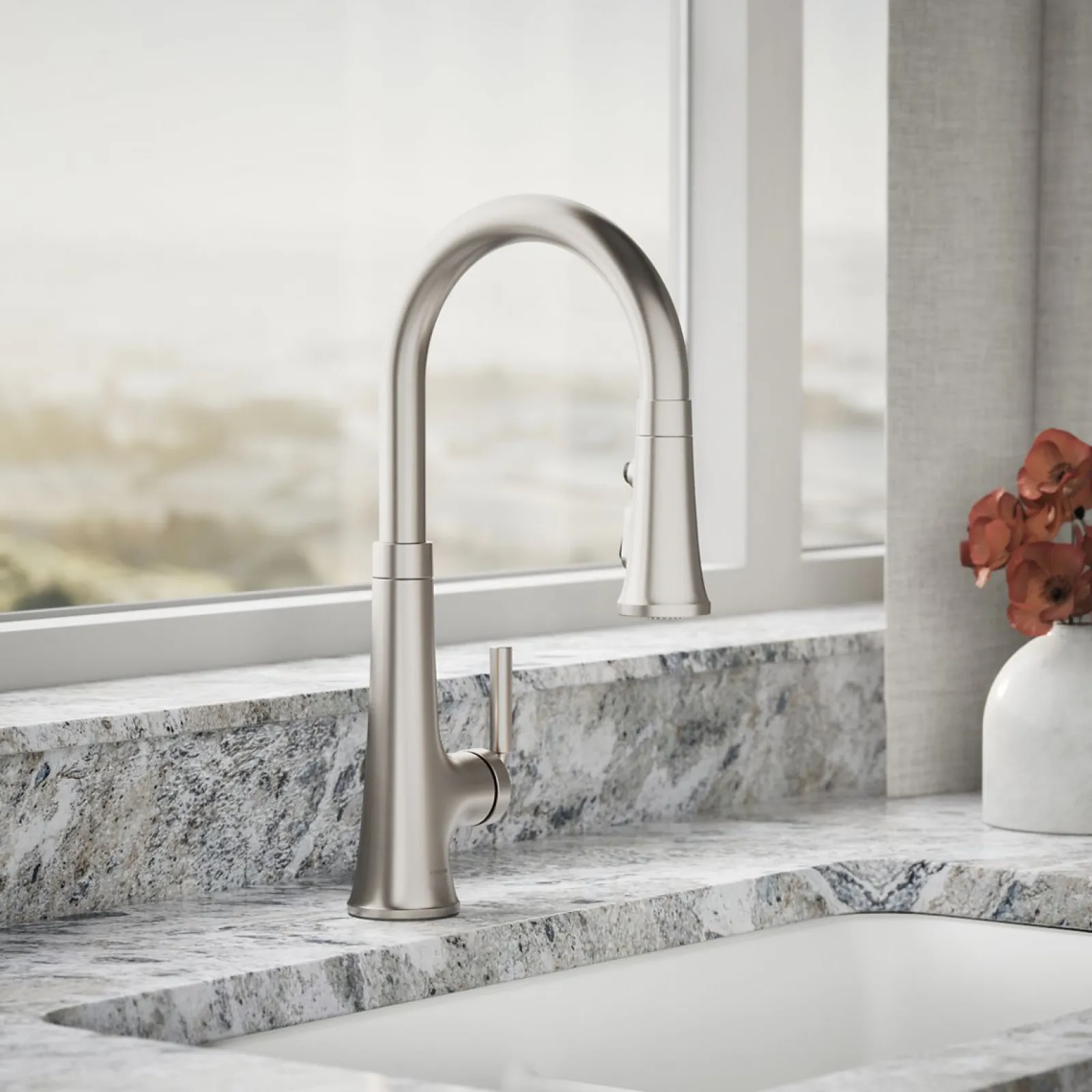 Pull-down kitchen sink faucet with three-function sprayhead^Kohler Hot