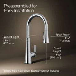 Pull-down kitchen sink faucet with three-function sprayhead^Kohler Hot