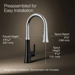 Pull-down kitchen sink faucet with three-function sprayhead^Kohler Hot