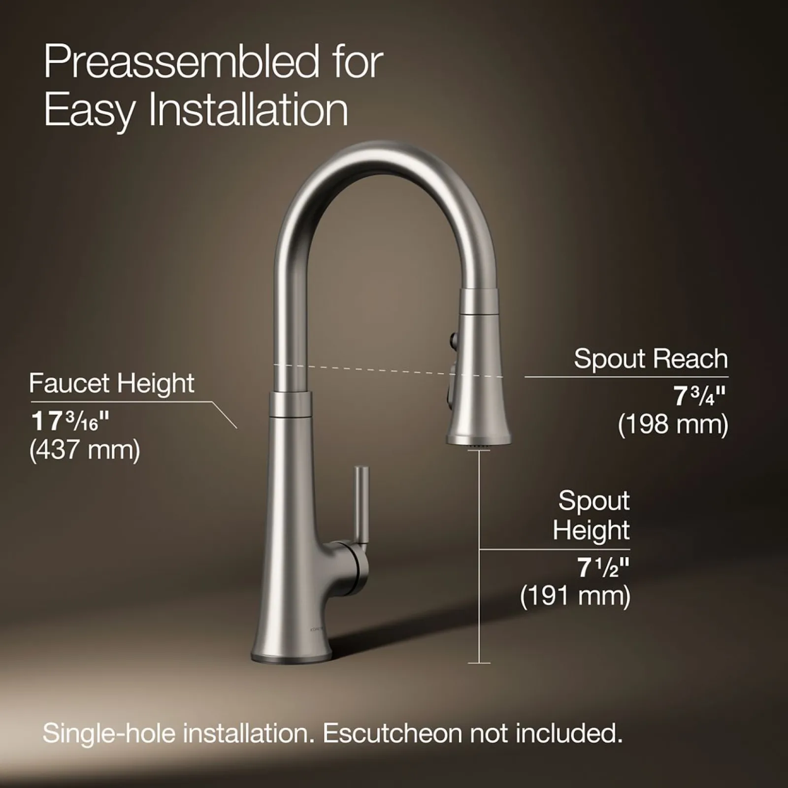 Pull-down kitchen sink faucet with three-function sprayhead^Kohler Hot
