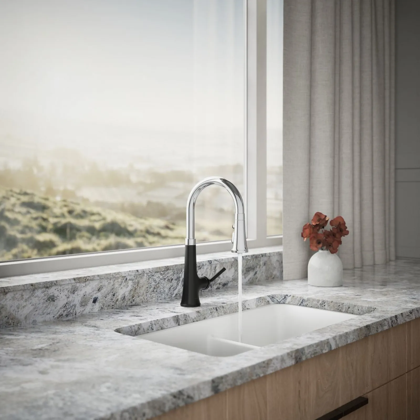 Pull-down kitchen sink faucet with three-function sprayhead^Kohler Hot