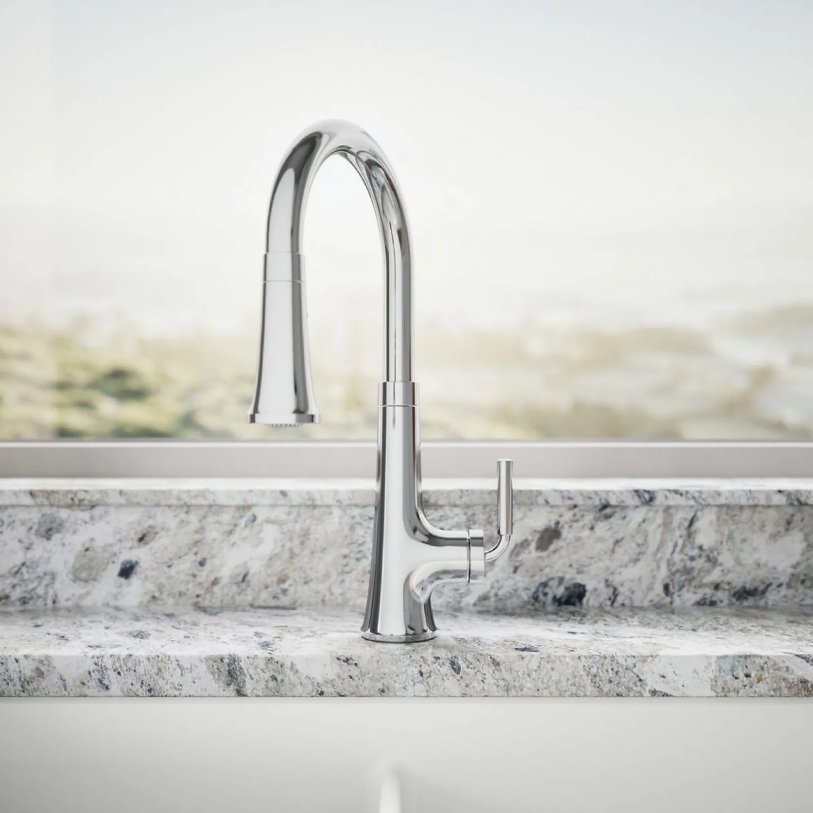Pull-down kitchen sink faucet with three-function sprayhead^Kohler Hot