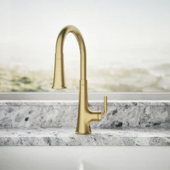 Pull-down kitchen sink faucet with three-function sprayhead^Kohler Hot