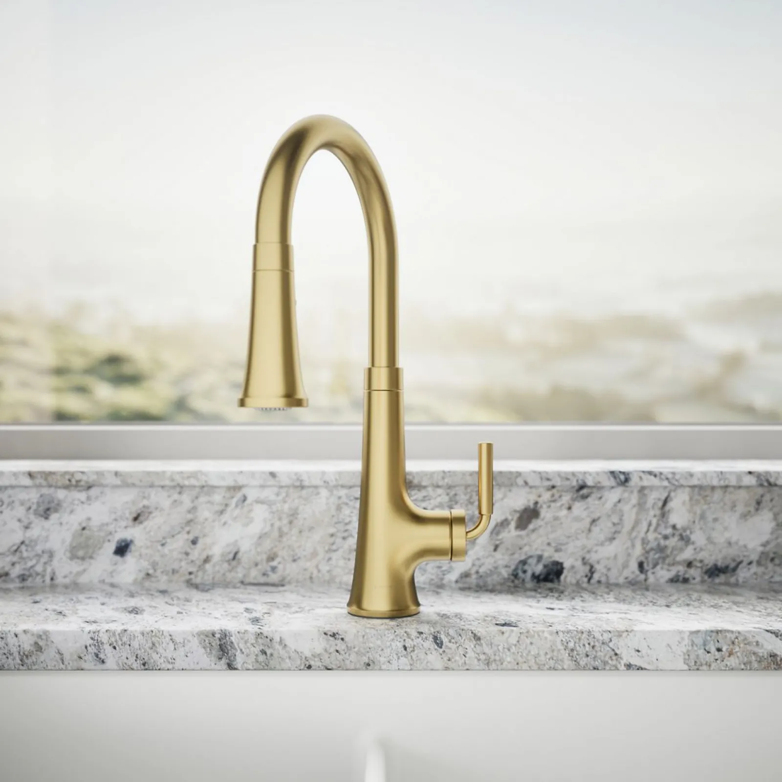 Pull-down kitchen sink faucet with three-function sprayhead^Kohler Hot