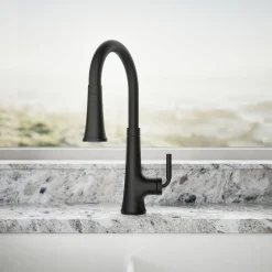 Pull-down kitchen sink faucet with three-function sprayhead^Kohler Hot