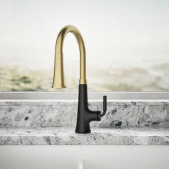 Pull-down kitchen sink faucet with three-function sprayhead^Kohler Hot