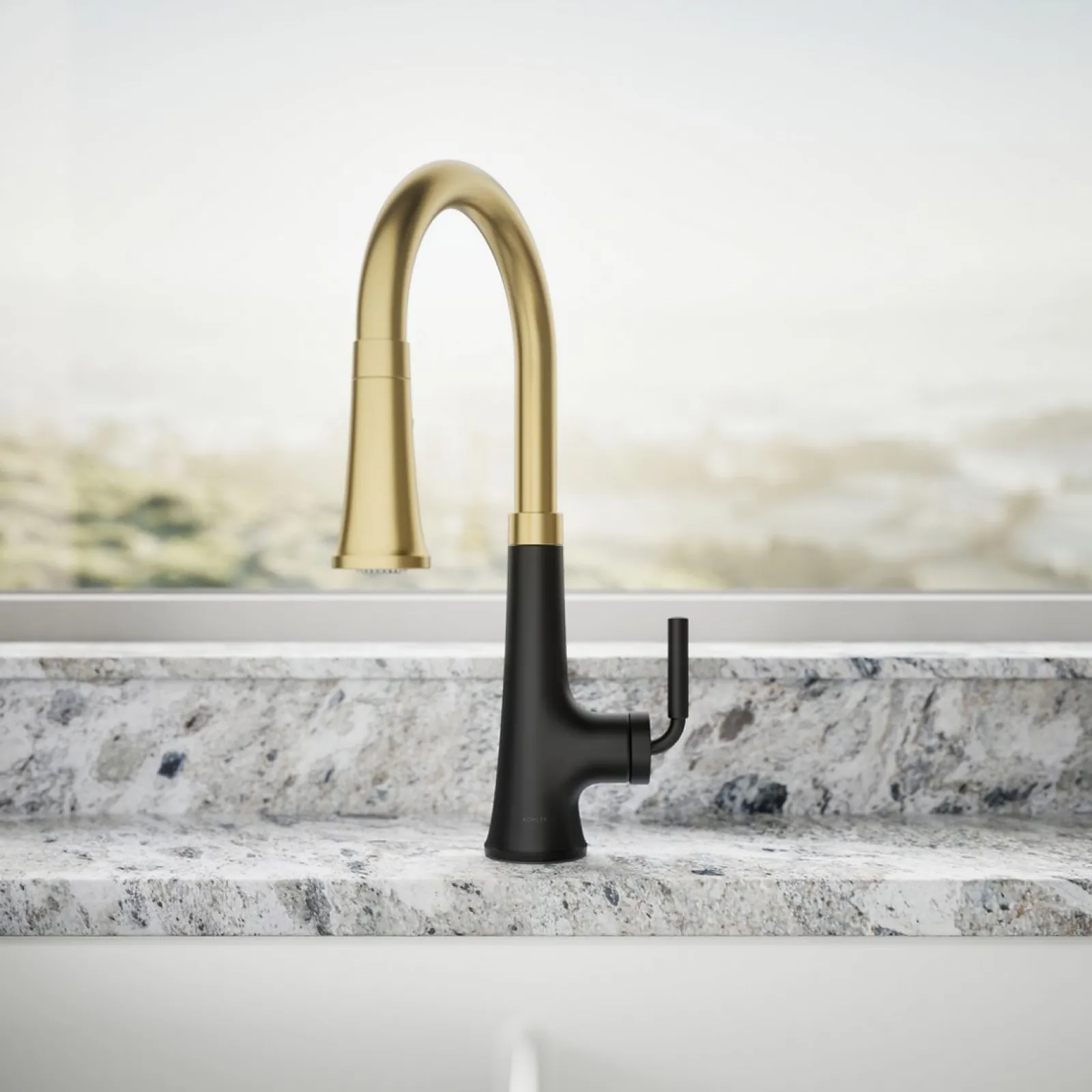 Pull-down kitchen sink faucet with three-function sprayhead^Kohler Hot