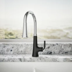 Pull-down kitchen sink faucet with three-function sprayhead^Kohler Hot