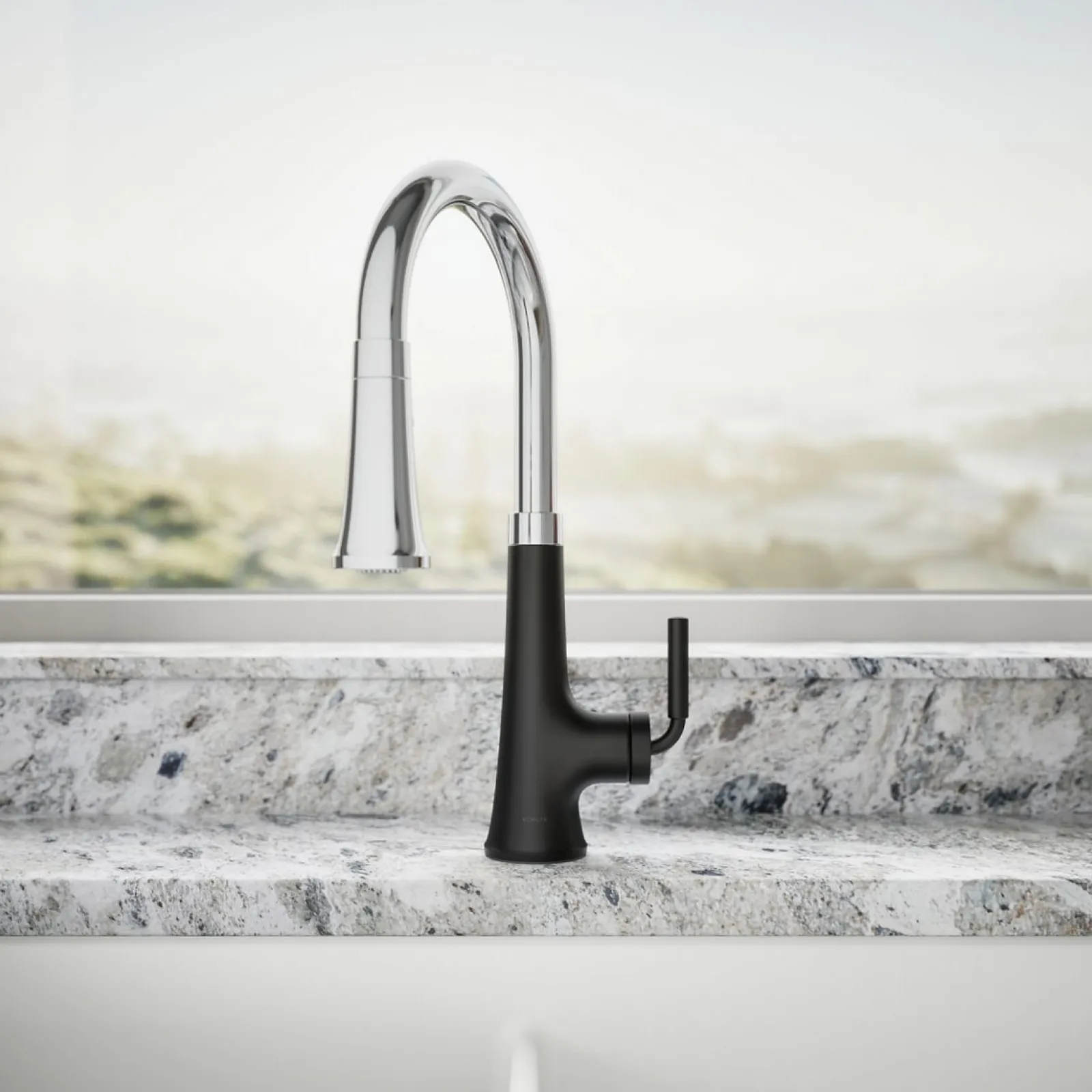 Pull-down kitchen sink faucet with three-function sprayhead^Kohler Hot
