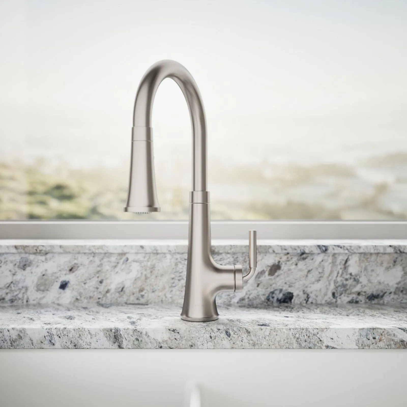Pull-down kitchen sink faucet with three-function sprayhead^Kohler Hot