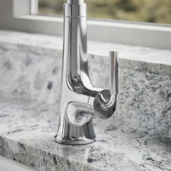 Pull-down kitchen sink faucet with three-function sprayhead^Kohler Hot